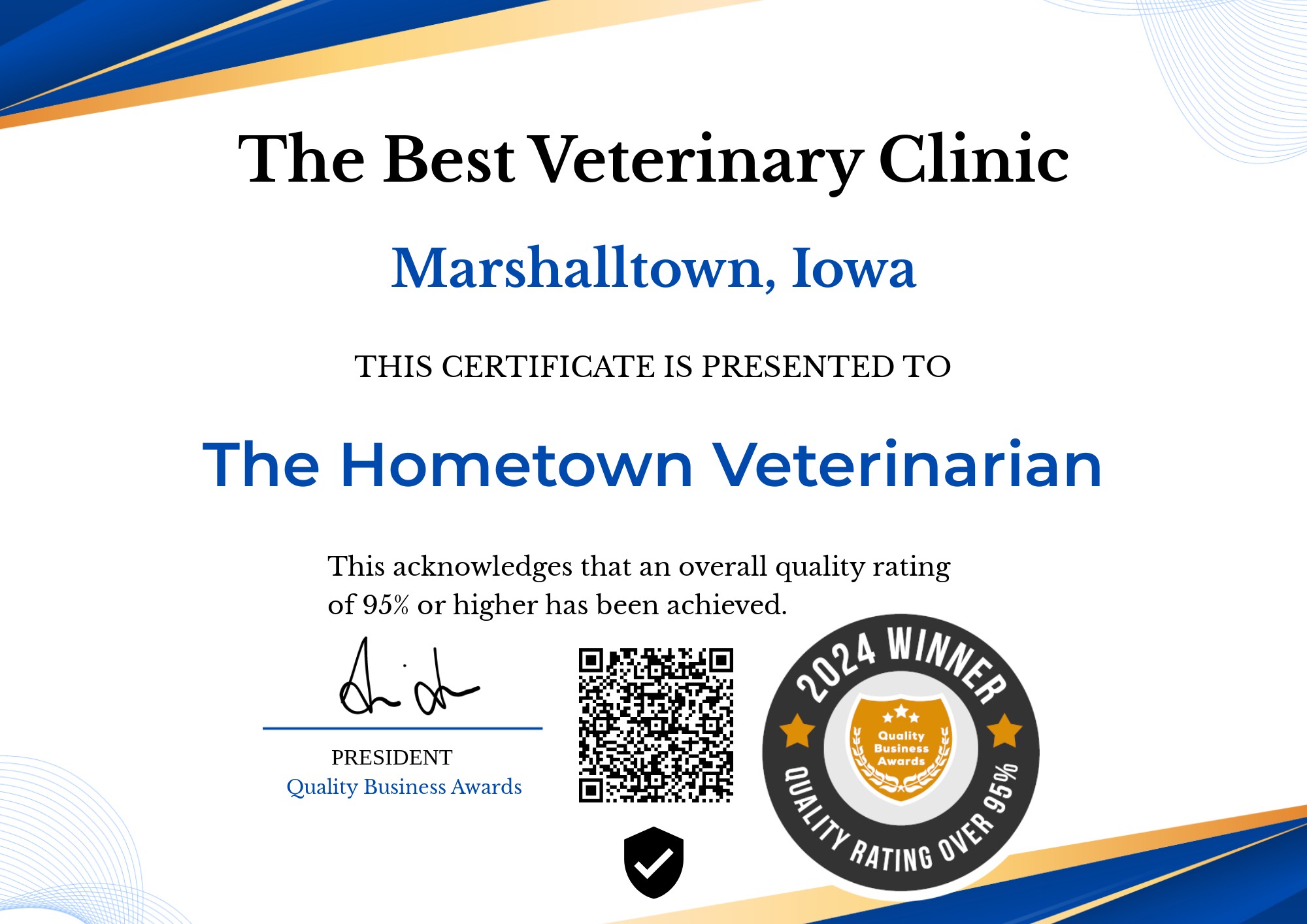 The Best Veterinary Clinic Marshalltown Iowa 2024 Certificate